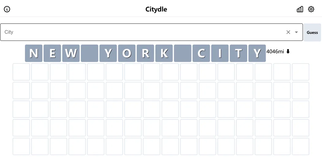 Citydle result row with distance, direction arrow and colour hints